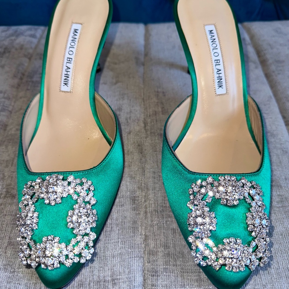 Manolo Blahnik Emerald Satin Heels with Crystal Embellishment